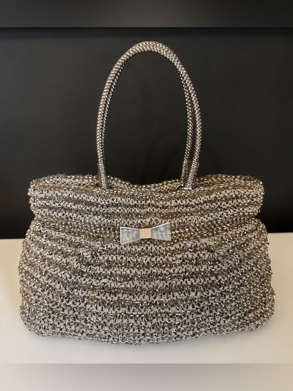 Anteprima Wire Bag Tote 2-Way Detachable Crossbody Strap Silver Woven PVC  Vtg